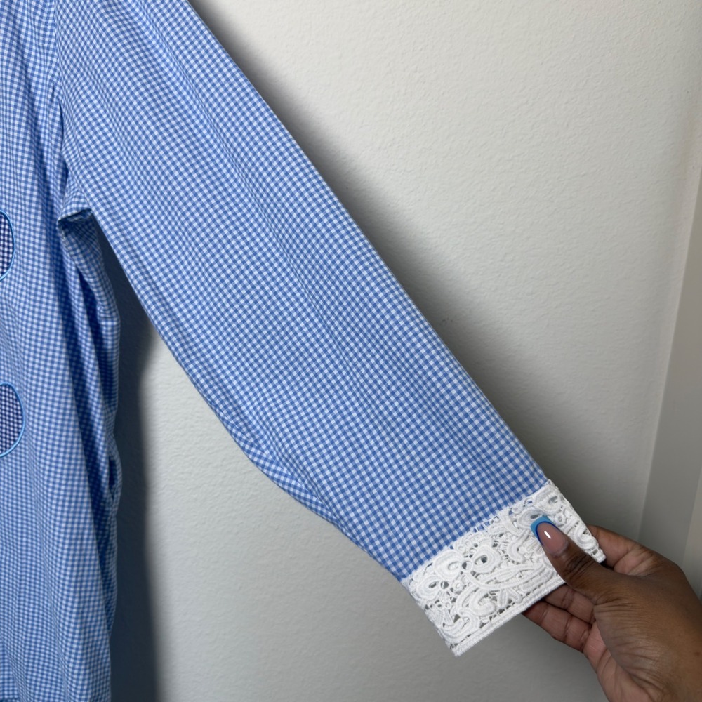 Teddy Fresh Women Gingham Shirt Dress L/XL Blue Bear Lace Trim Patchwork Oversiz - Picture 8 of 13